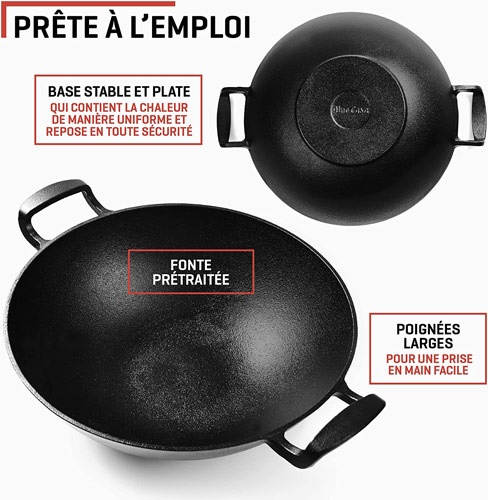 grande poêle wok 2 poignées avec couvercle